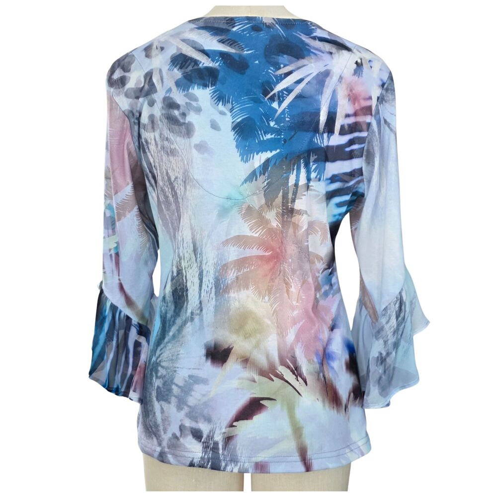 Impulse California Artwear Tunic | Abstract Blue Boho Rhinestone Ruffle Sleeve M - Picture 3 of 8